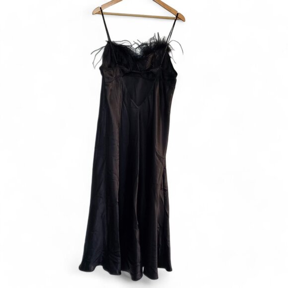 Moviestar Black Feather Trim Satin Slip Dress Women's Evening Night Out Retro XL - Picture 2 of 6